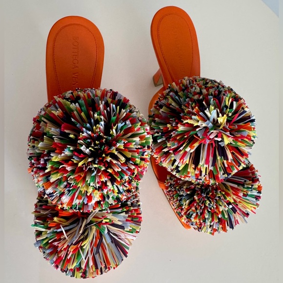 Bottega Veneta Shoes - Bottega Veneta *NEW* Leather Orange Multicolor Pom Pom Heels- Size 6.5 US